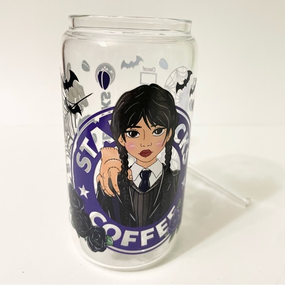 Custom Wednesday Addams Clear Glass Tumbler with Lid and Straw - Picture 12 of 15